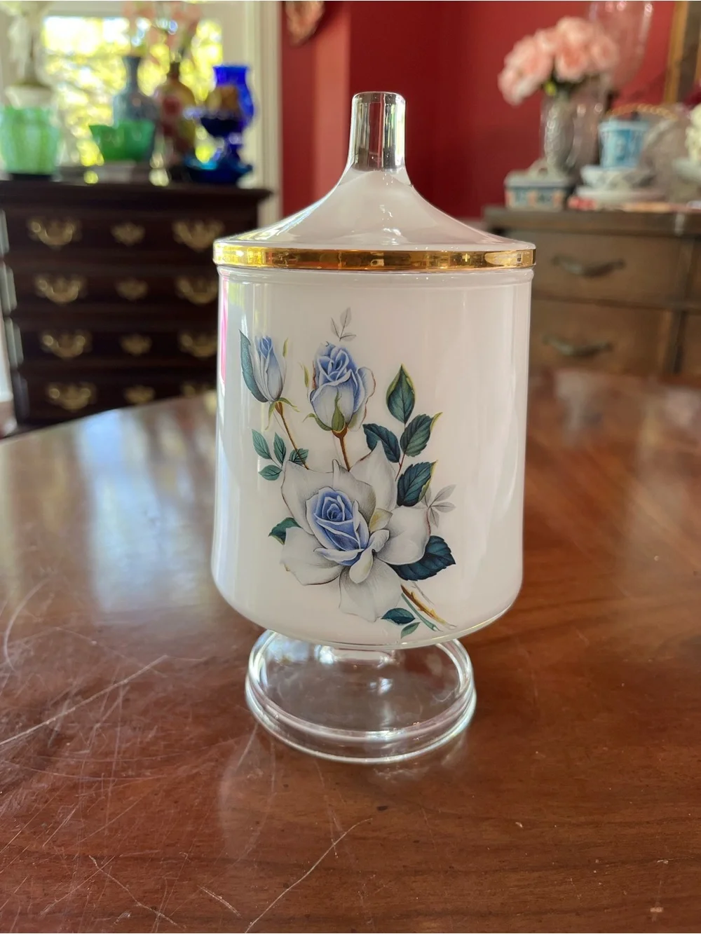 West Virginia Glass White Frosted Blue Roses Pedestal Apothecary Jar w Lid